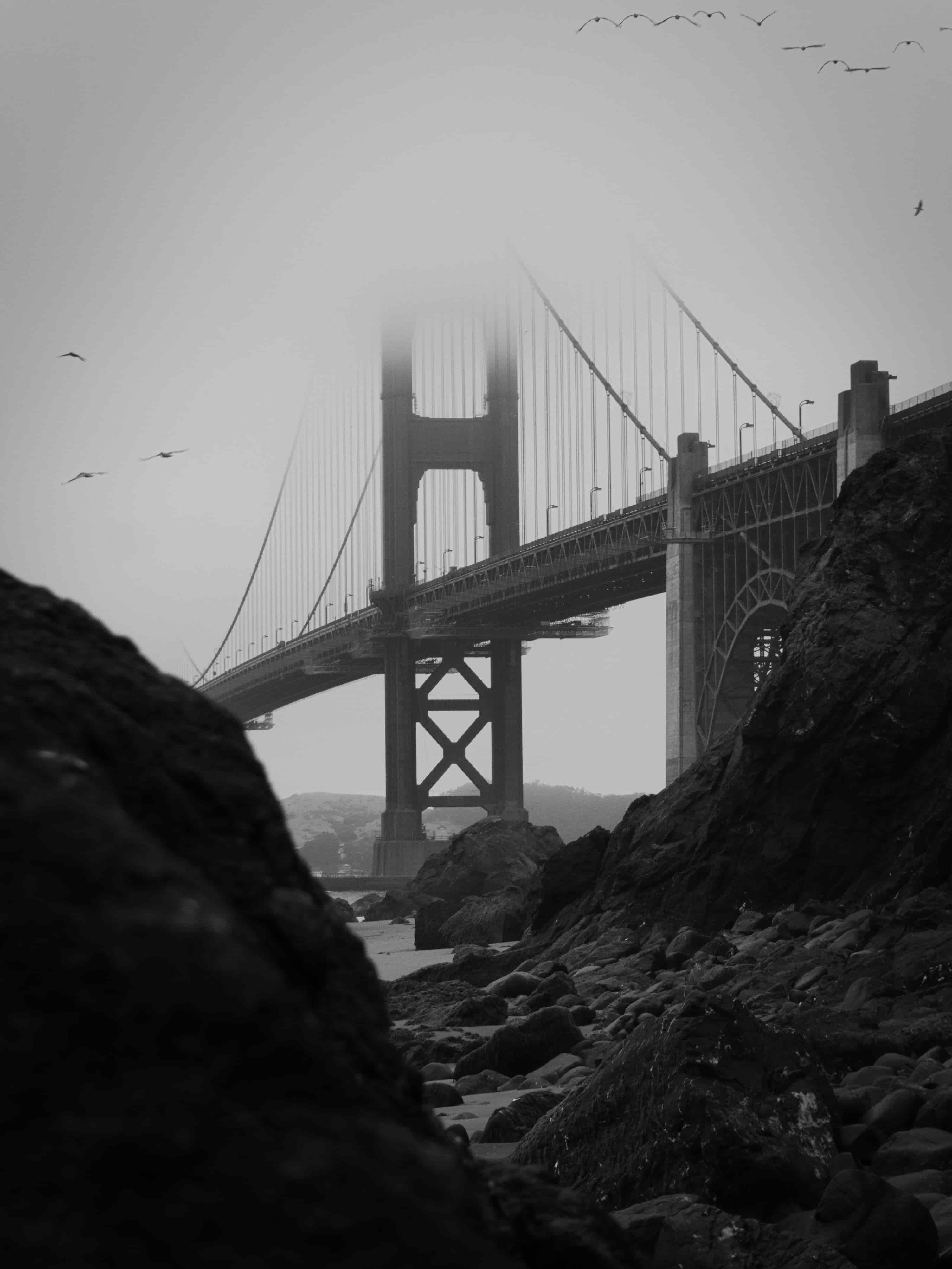 A monochrome picture of the Golden-Gate-Bridge.